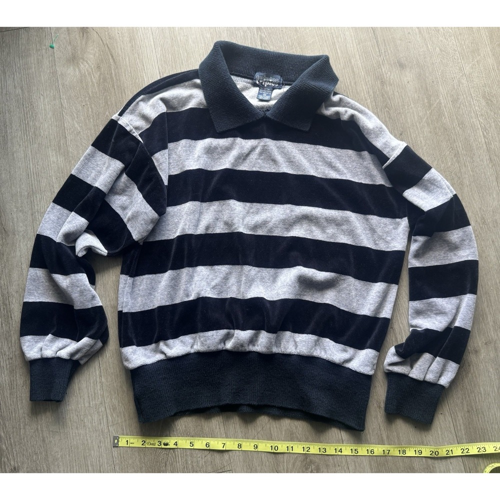 Vintage Triples Velour Rugby Shirt Mens M Black Gray Striped Korea